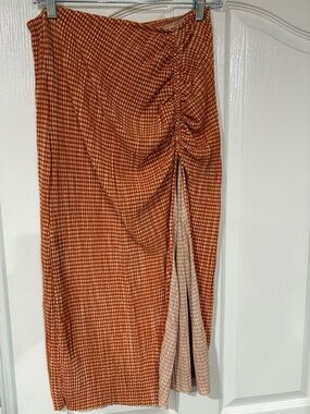 Zara Rust Gingham Ruched Side-Slit Midi Skirt